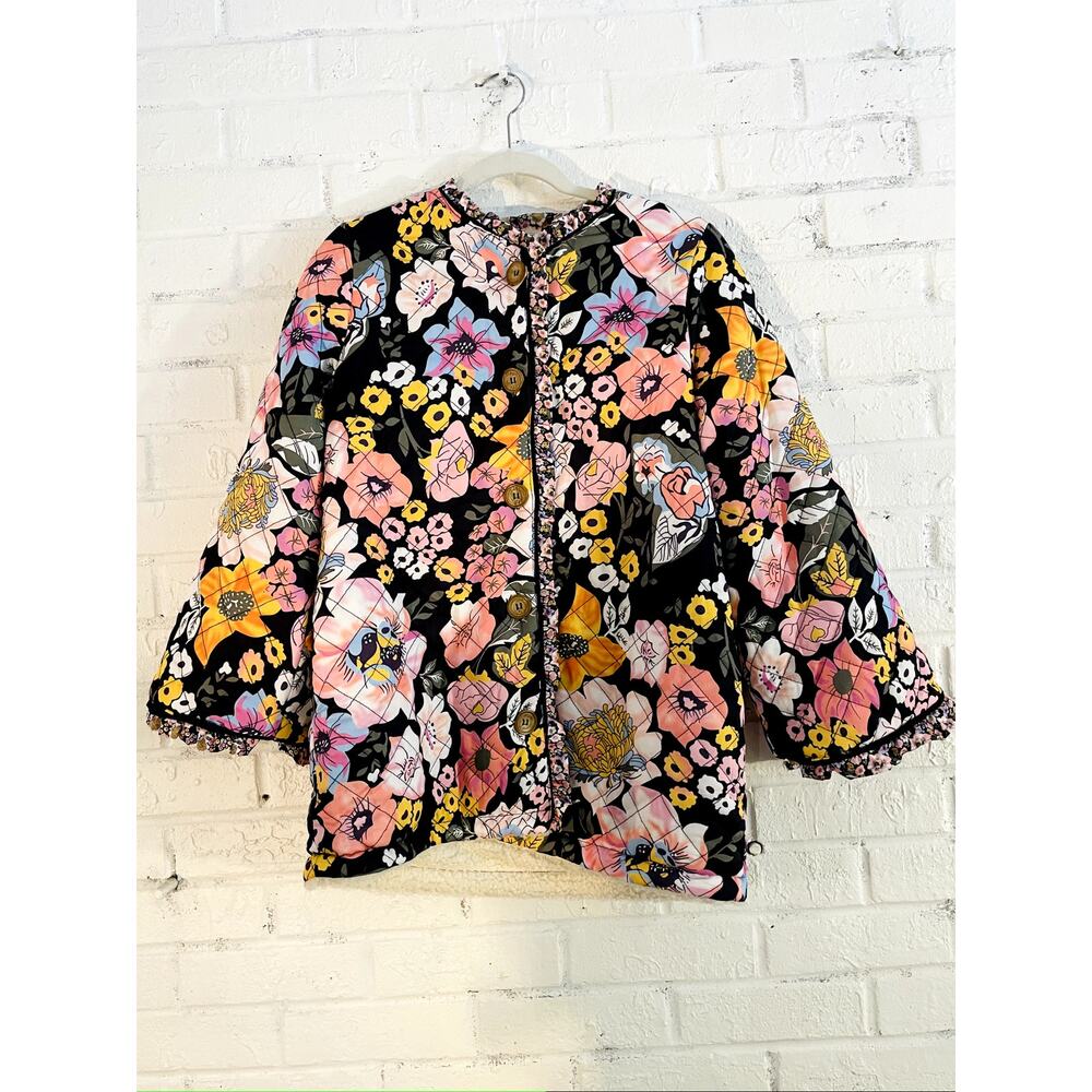 Sunday Up Womens L Sherpa Lined Quilted Floral Jacket Cottagecore Boho Coat